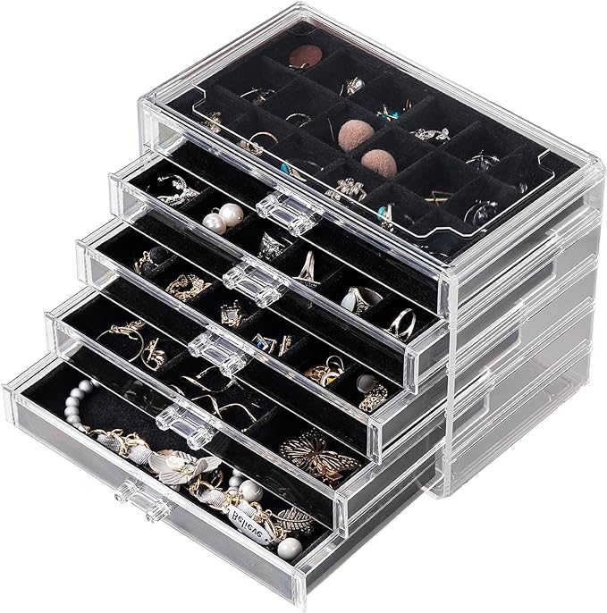 Frebeauty Acrylic Jewelry Organizer Earring Organizer Box with 5 Drawers Earring Holder Organizer with Velvet Trays Clear Jewelry Box for Women Earring Display for Rings Studs(Black) by Frebeauty