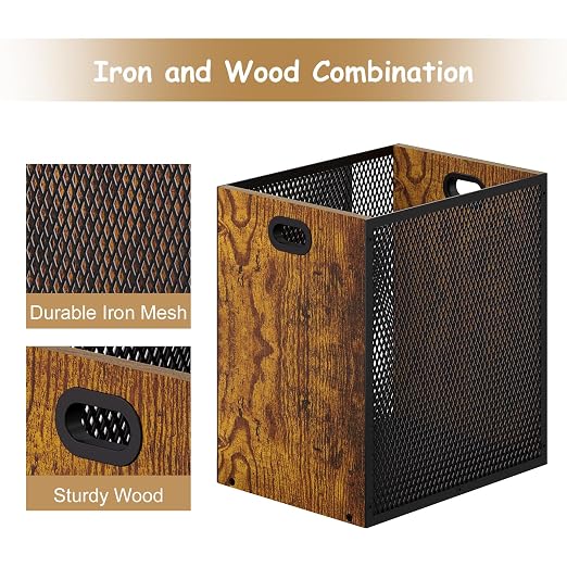 Retro Office Trash Can, Iron and Wood Combination Bedroom Garbage Can, Rectangular Design Wastebasket with Handle, Industrial Style Trash Can for Home Office, 11.02" X 7.87" X 11.81" 4.5 Gallon (2) - Image 2
