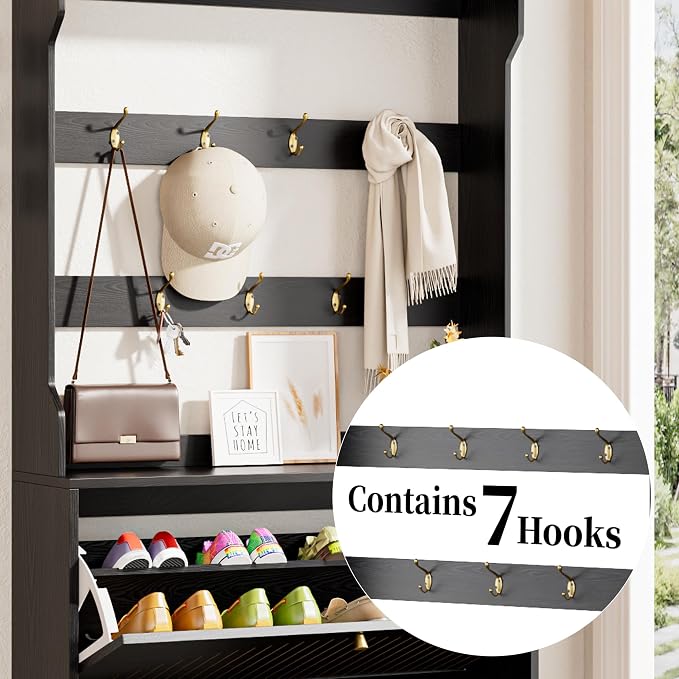 Fsbecl Shoe Cabinet for Entryway with 2 Flip Drawers & Coat Rack, Narrow Hidden Shoe Storage Cabinet with Fluted Panel, 2-in-1 Hall Tree Slim Freestanding Shoe Rack Organizer for Hallway, Black - Image 8