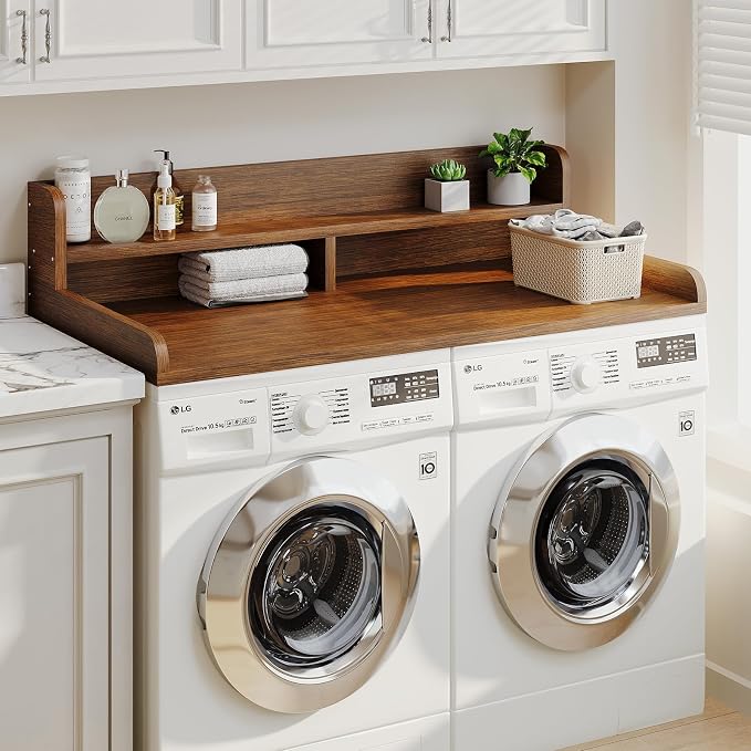 2-Tier Washer Dryer Countertop with 2.75"H Edge Rails, 54" W x 27.55" D Laundry Countertop for Folding Clothes, Washer and Dryer Topper with Non-Slip Pad (Brown) - Image 5