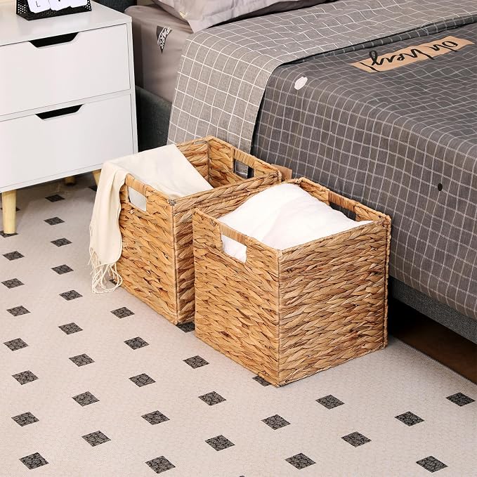 11x11in Wicker Storage Basket Set of 2 Collapsible Hyacinth Cube Storage Baskets,Storage Bins for Organizing Storage Basket with Built-in Handles - Image 6