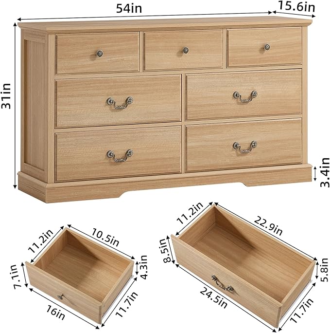 Farmhouse Dressers & Night Stand Set of 3,54" Wide 7 Drawer Dresser & 45" Tall Chest of Drawers, 18" Wide 2 Drawers End Table with Charging Station,Furniture Dresser Sets for Home,Natural