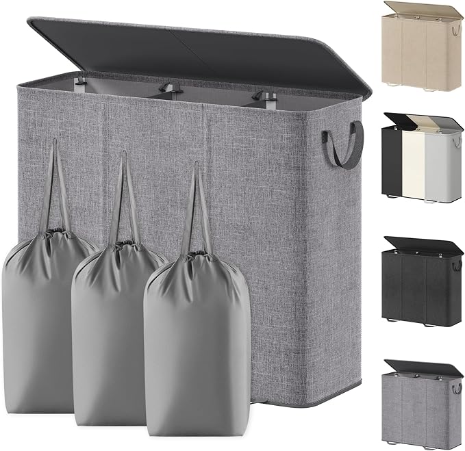 Lifewit Triple Laundry Hamper with Lid and Removable Laundry Bags, Large Collapsible 3 Dividers Dirty Clothes Basket with Handles for Bedroom Laundry Room Closet Bathroom College, 185L Gray by Lifewit