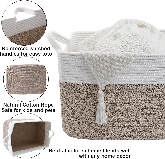 96L Large Blanket Basket,24"x16"x15"Rectangle Storage Bin with Handles,Woven Rope Laundry Basket for Toys, Clothes,Magazines,Home Organization,Nursery,Living Room & Bedroom,White & Brown - Image 3