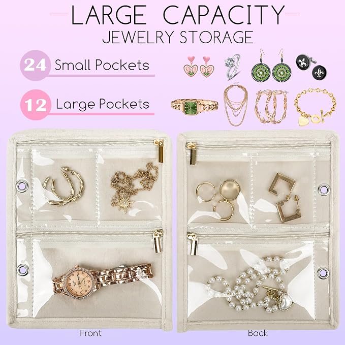 Travel Jewelry Organizer Case,Jewelry Bags Jewelry Storage Book Binder with Clear Zipper Velvet Pouch for Traveling,Earrings, Rings, Necklace, Bracelet (White) - Image 3