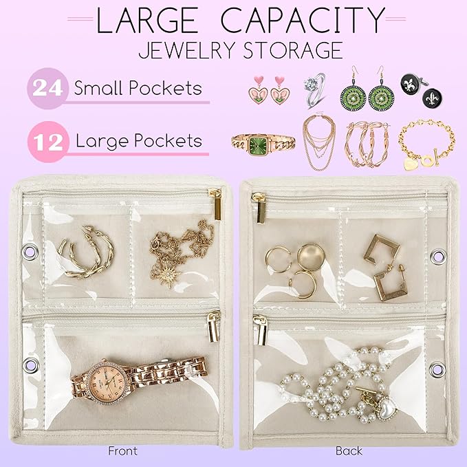Travel Jewelry Organizer Case,Small Jewelry Bags Jewelry Storage Book Binder with Clear Zipper Velvet Pouch for Traveling,Earrings, Rings, Necklace, Bracelet (Pink) - Image 3