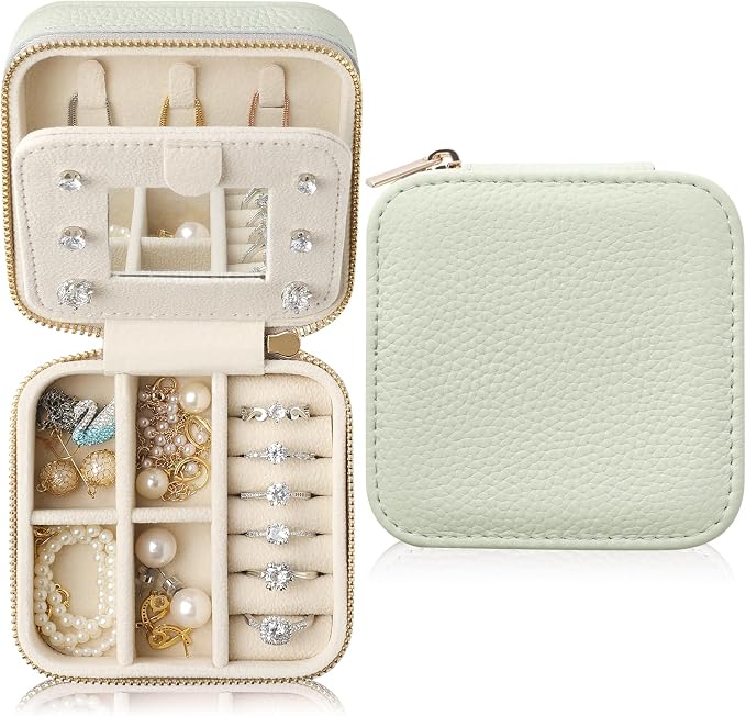 Genuine Leather Travel Jewelry Case Organizer with Mirror for Women, Small Jewelry Box Portable Mini Jewelry Case for Earring, Ring, Necklace, Bracelet（Lychee Grain Mint Green） by NGVRC