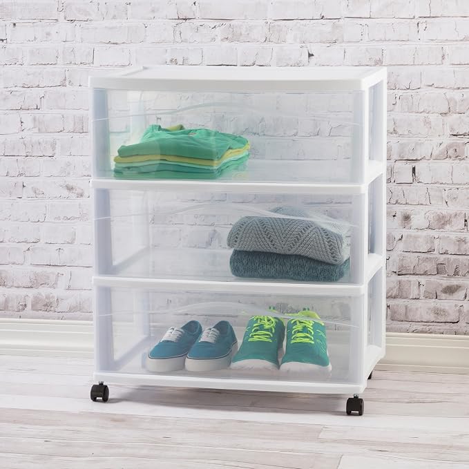 Sterilite Wide 3 Drawer Storage Cart, Plastic Organizer with Wheels, White - Multipurpose Bin for Clothes, Accessories, or Home Accessories - Image 5