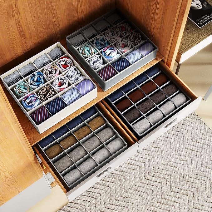 Joyoldelf Sock Drawer Organizer Divider Underwear Organizer 16-cell Fabric Dresser Drawer Organizers Storage Boxes for Socks Lingerie, Handkerchiefs, Ties 4 Pack (Grey) - Image 5