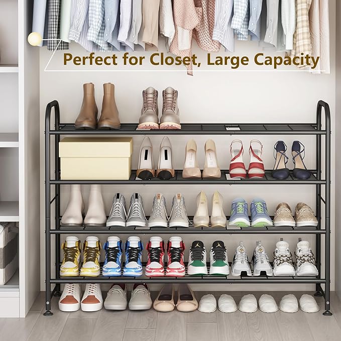 LINZINAR Shoe Rack Long 4 Tier Shoe Storage Organizer Metal Wide Shoe Shelf for Closet Entryway Bedroom 24 Paris Large Capacity, Gold Black - Image 2