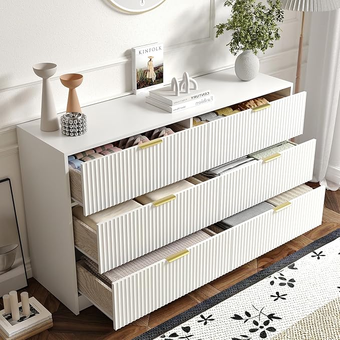 6 Drawer Dresser and Nightstand Sets for Bedroom, 3 Pcs Bedroom Set, Night Stand Set of 2 & 6 Drawer Dresser with Gold Handles, Modern Wood Chest of Drawers Storage Cabinet Set, White