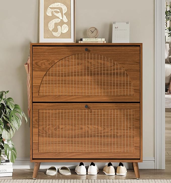 Fsbecl Shoe Storage Cabinet for Entryway with 2 Flip Drawers, Narrow Wood Shoe Cabinet with Fluted Panel, Freestanding Hidden Shoe Organizer for Foyer, Hallway (Walnut) by Fsbecl