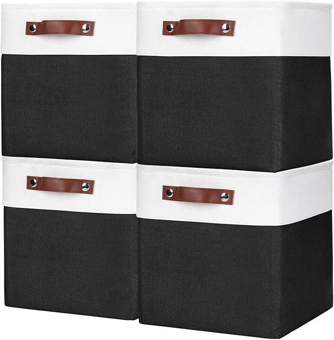 Bagnizer Collapsible Fabric Storage Cubes 11x11 Cube Storage Bins, 4 Pack Closet Baskets Box with Handles for Organizing, Shelf, Toys, Clothes, Home, Office, Nursery (Black&White) by Bagnizer