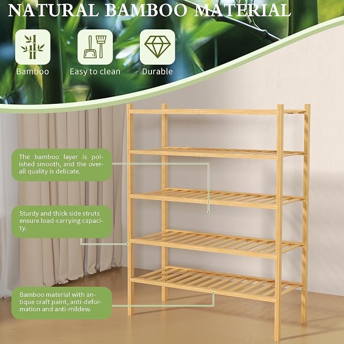 ROMGUAR CRAFT 5 Tier Bamboo Shoe Rack for Closet Free Standing Wood Shoe Shelf for Entryway Small Space Stackable 27"x11"x33" (Natural) - Image 6