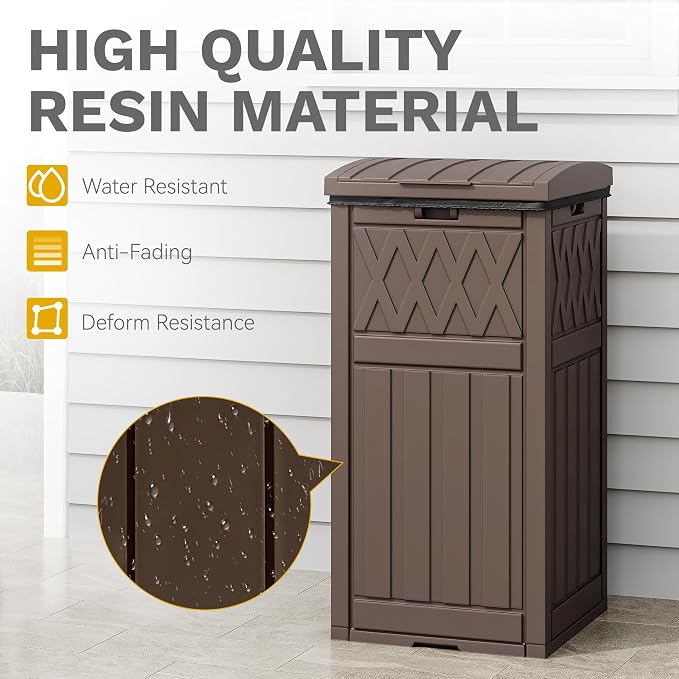 DWVO 36-Gallon Outdoor Trash Can with Fabric Bag, Tiered Lid & Drip Tray, Waterproof Resin Garbage Bin for Patio, Deck, and Backyard, Dark Brown - Image 6