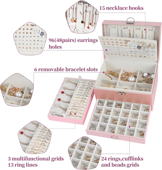 BOOVO Earring Jewelry Box For Women Girl Stud Organizer, 5 Layers Girl Jewelry Organizer Box With Lock Earring Holder Organizer Necklace Ring Jewelry Organizer Box For Girls (rose gold) - Image 2