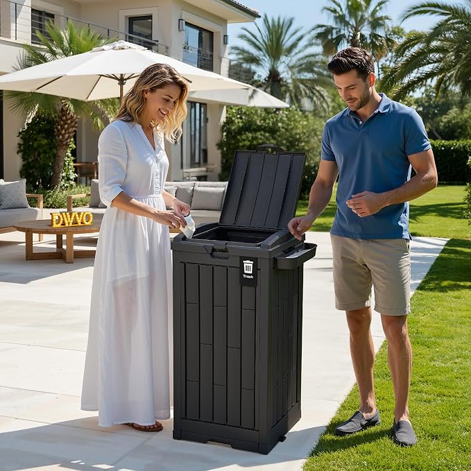 DWVO 38 Gallon Outdoor Trash Can, Set of 2 Resin Garbage Bins with Lids, Includes 2 Sorting Labels, Ash Holder, Stakes & Suction Cups, Hideaway Storage for Patio Backyard Garden, Black - Image 8