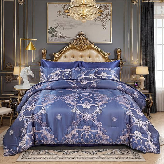 Bedding_Dreamer Blue Comforter Set Satin Sheet Set Jacquard Queen Bedding Set 8 Pcs Vintage Neoclassical Floral Bed Home Decor Soft Comforter Luxury Hotel Silky Bed in a Bag with 1 Cushion Cover