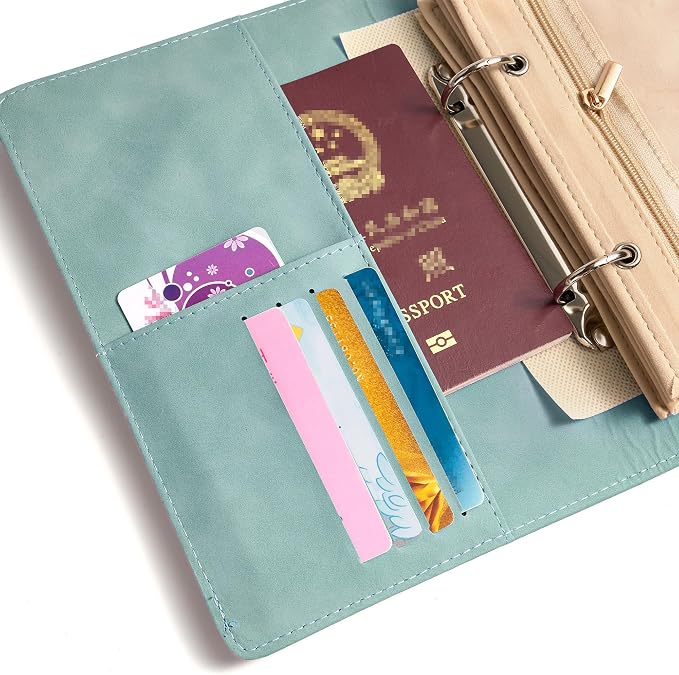 Travel Jewelry Binder Organizer Ring Binders - Jewelry Boxes PU Leather Case with Zipper Velvet Jewelry Pouch Bags for Daily Use & Gifting - Mint Green - Image 3
