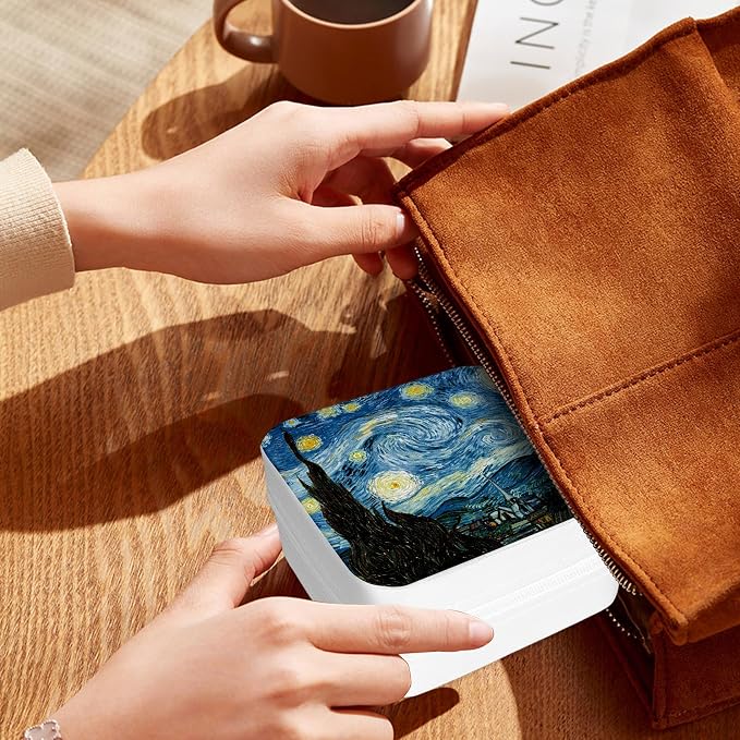 White Jewelry Organizer Box Portable Jewelry Storage Case Jewellery Box for Girls Boys Women Men Travel Jewellery Storage for Ring Earring Birthday Christmas Gifts Van Gogh Starry Night Blue - Image 6