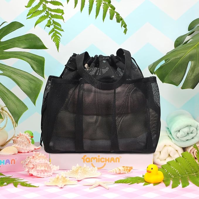 famichan Mesh Shower Caddy Portable with Drawstring, Dorm Room Essentials for College Students boy & girl, Larger Shower Bag for Camping,Swimming,Gym,Travel,Bathroom - Black - Image 4