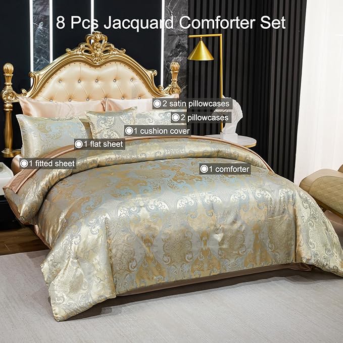 Gold Comforter Set with Taupe Sheet Set Jacquard Bedding Set 8 Pcs Vintage Neoclassical Floral Elegant Bed Home Decor Soft Comforter Luxury Hotel Silky Bed in a Bag Queen with 1 Cushion Cover