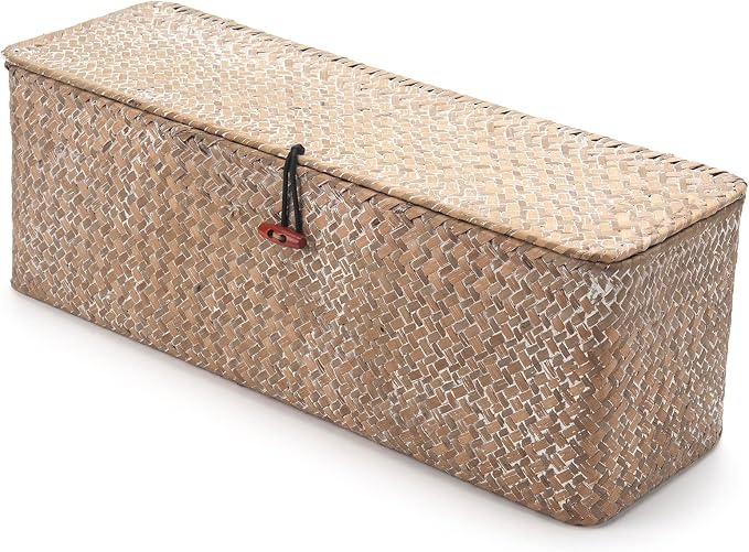 Whitewash Seagrass Tank Basket with Lid Woven Toilet Roll Storage Basket with Sections Rectangular for Organize Snack Toys (Large Compartment 16.5inch L x 5.5inch W x 5.5inch H) - Image 3
