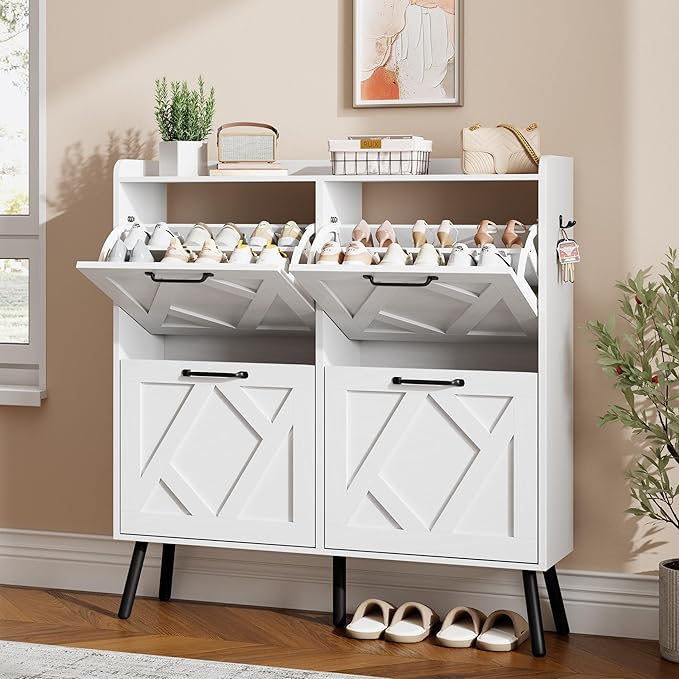 Nicetree Shoe Cabinet with 4 Flip Drawers, Freestanding Shoe Organizer Cabinet with Metal Legs, Farmhouse Slim Shoe Rack Cabinet for Entryway, Foyer, Hallway, White by Nicetree