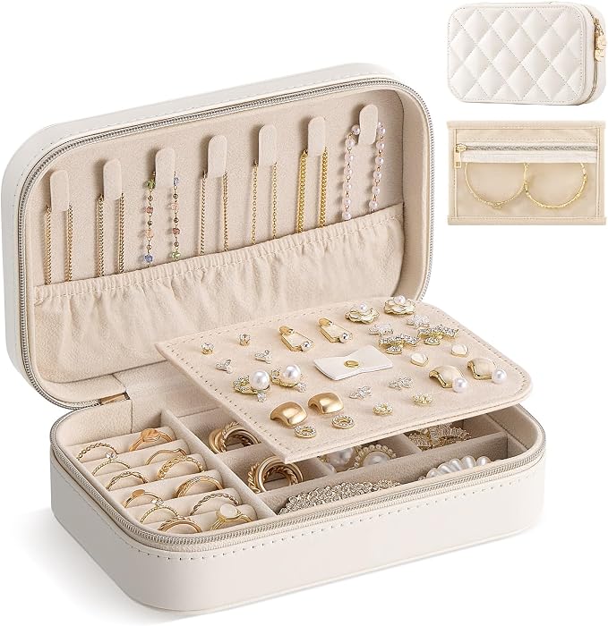 Lolalet Travel Jewelry Case for Women Girls, PU Leather Jewelry Organizer with Clear Storage Bag Small Portable Jewelry Box for Necklace Bracelet Earring Ring Mothers Day Birthday Gifts -Medium/Beige by Lolalet