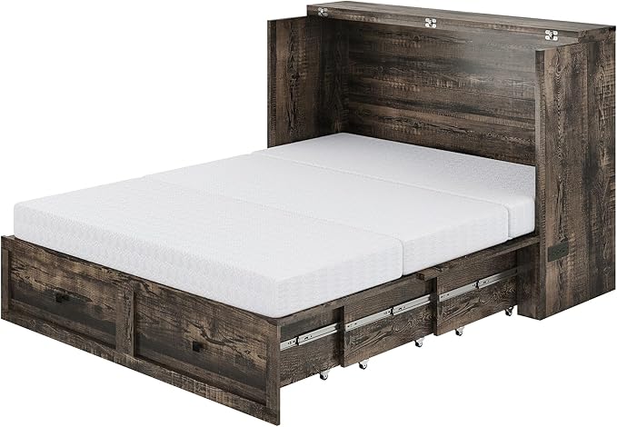 LUXOAK Full Murphy Bed with 6" White Tri-Fold Memory Foam Mattress, Storage Drawer & Charging Station, Space-Saving Design for Home Office or Guest Room, Black Oak