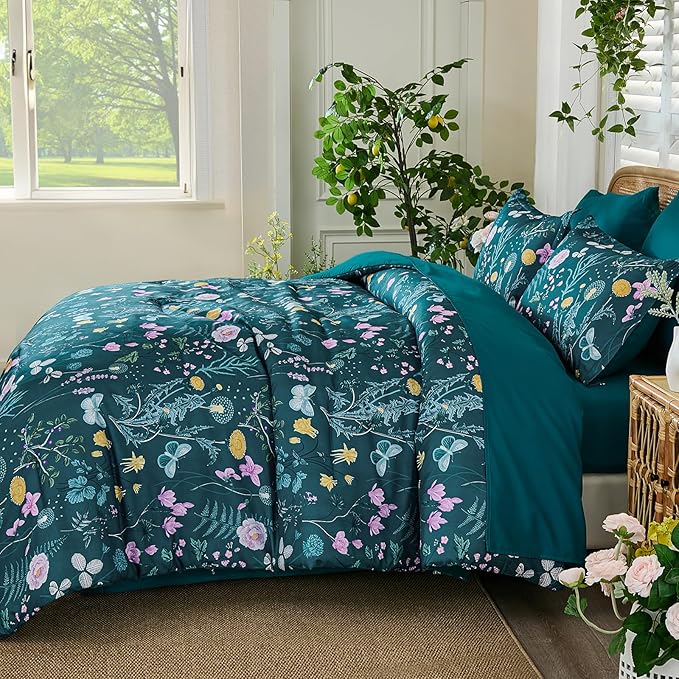 Yiran Teal Blue Comforter Set King Size, 7 Piece Floral Botanical Comforter Bedding Set, Farmhouse Bed in a Bag, Soft Microfiber Complete Bedding Set with Sheets for All Season