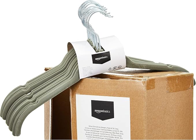 Amazon Basics Slim, Velvet, Non-Slip Shirt Clothes Hangers, Gray/Silver - Pack of 50 - Image 8