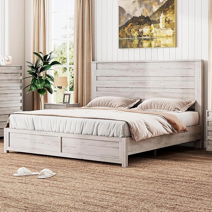 LUXOAK 3 Pcs Bedroom Furniture Sets, Farmhouse Queen Size Bed Frame with 49" Tall Headboard and Nightstand Sets of 2 with Charging Station, Slated Handles & Stainless Steel Feet, Distressed White