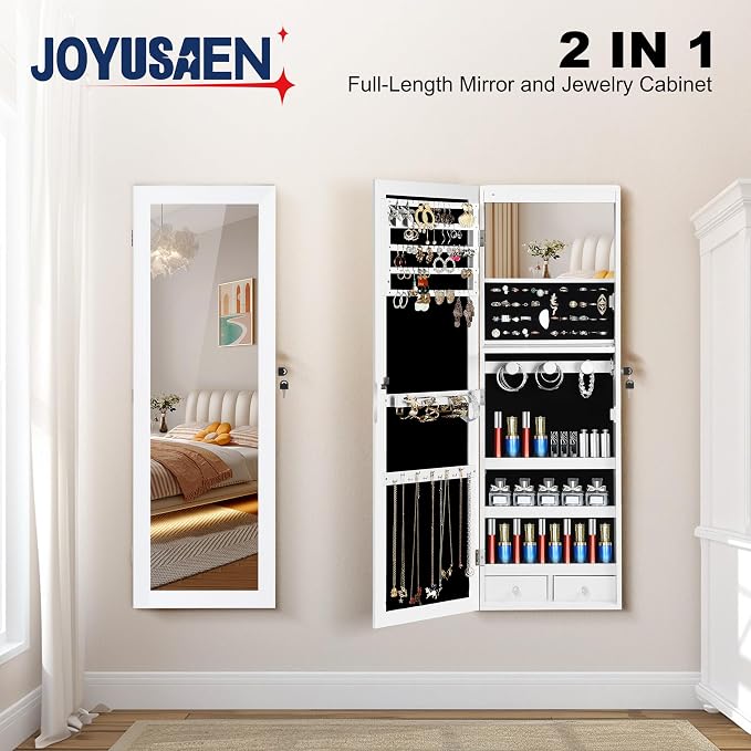 Mirror Jewelry Cabinet, Wall/Door Mounted Jewelry Armoire with Full-Length Mirror, Hanging Jewelry Organizer with LED Interior Lights, White - Image 2