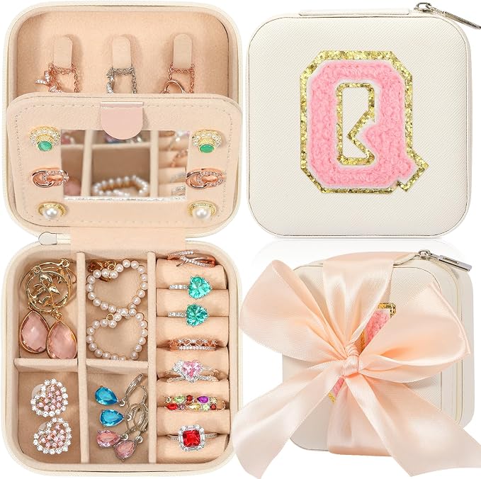 CHMI Travel Jewelry Case, White Travel Jewelry Box, Travel Jewelry Organizer, Travel Gifts for Women Girls, Jewelry Organizer Box, Birthday Gifts for Women, Christmas Gifts for Teens Girls - Initial Q by CHMI