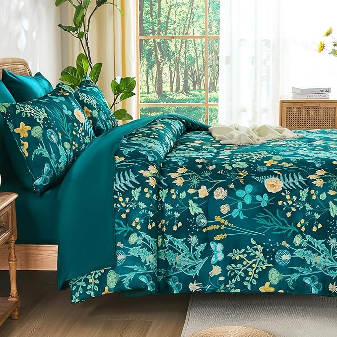 Yiran Queen Comforter Set 7 Piece, Teal Green Floral Bedding Set, Bed in a Bag Queen Size with Botanical Flowers Spring, Soft Lightweight Complete Comforters with Sheets for All Season
