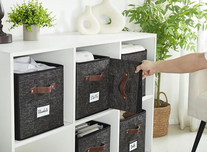DECOMOMO Storage Bins, Cube Storage Bin with Labels, Fabric Storage Cubes for Shelves (10.5" x 11" / 6pcs, Black Pattern) - Image 6