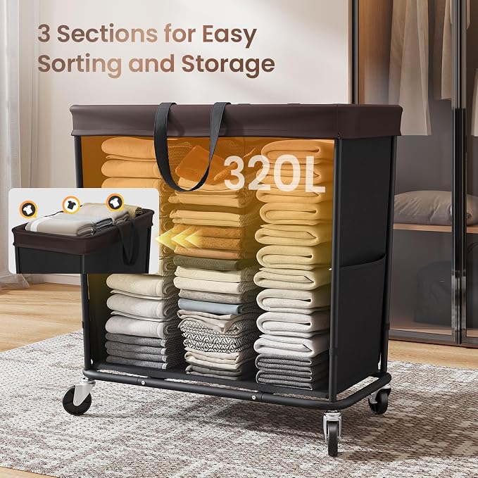 320L Laundry Basket with Wheels, 3-Section Rolling Hamper for Laundry, Extra Large Laundry Hamper with Wheels, Clothes Hamper Rolling Laundry Basket for Home, Bathrooms and Dorm(Black) - Image 4