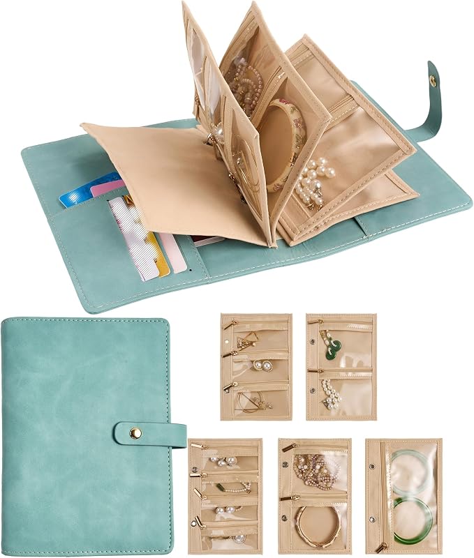 Travel Jewelry Binder Organizer Ring Binders - Jewelry Boxes PU Leather Case with Zipper Velvet Jewelry Pouch Bags for Daily Use & Gifting - Mint Green by SEVENBEES