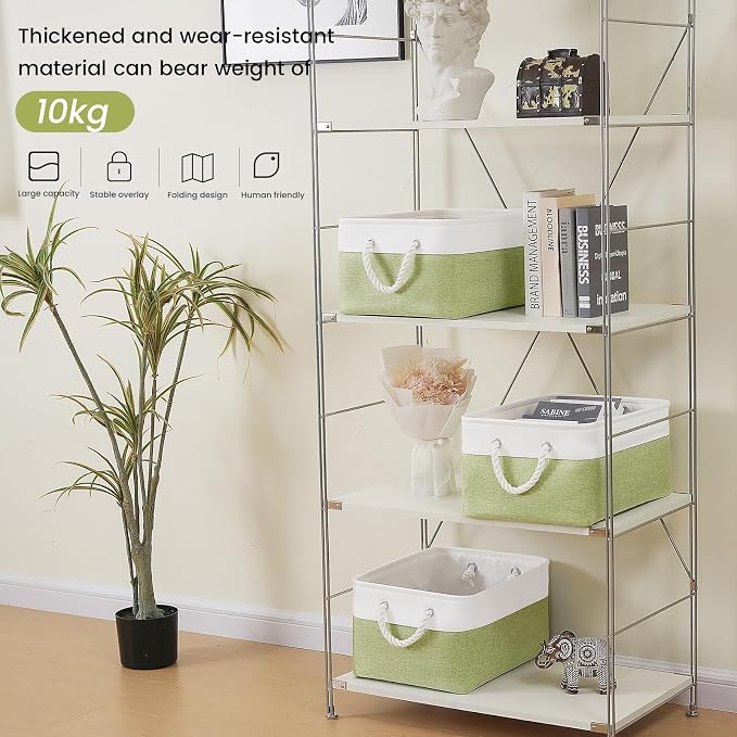 Large Storage Baskets- 15.7x11.8x8.26 inch Storage Bins for Shelves and Closet Organizing, Foldable Fabric Bin for Home Organization Clothes and Laundry (1-Pack, White&Green) - Image 3