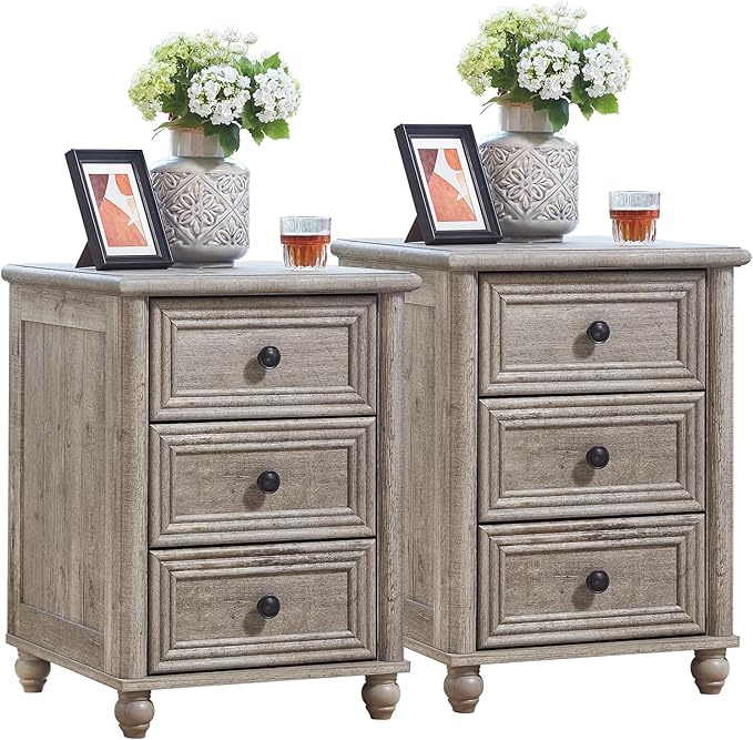 RWYHG 18" Farmhouse Night Stand Set of 2, Gray Wood Nightstand with 3 Drawers, Bedside End Table with Storage and Roman Column, Bed Side Tables Cabinet for Bedroom, Living Room, and Closet