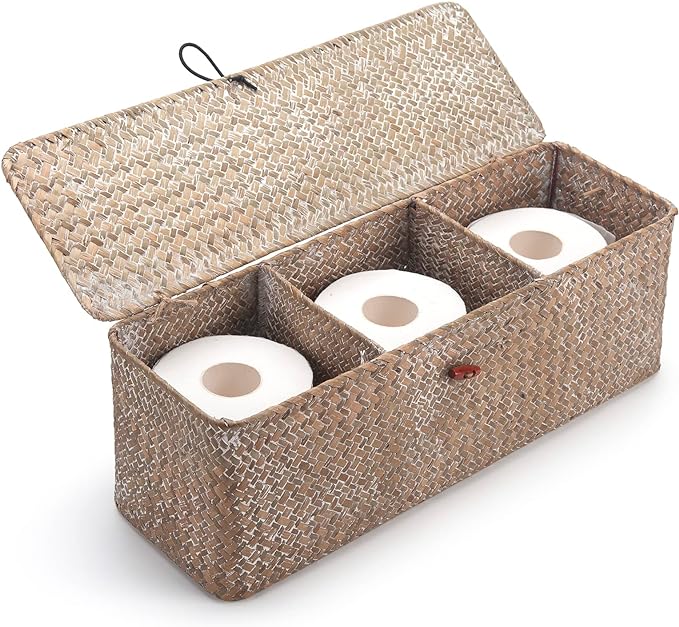 Whitewash Seagrass Tank Basket with Lid Woven Toilet Roll Storage Basket with Sections Rectangular for Organize Snack Toys (Large Compartment 16.5inch L x 5.5inch W x 5.5inch H) by DECRAFTS