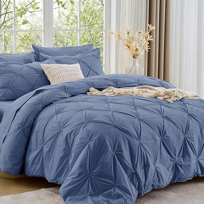 Sasttie California King Comforter Set, 7-Piece Bed in a Bag, Pintuck Bedding Sets for All Season, Includes Comforter, Flat Sheet, Fitted Sheet, Pillowcases and Pillowshams, Slate Blue