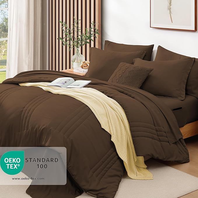 Monbix King Comforter Set - 7 Pieces Chocolate Brown Bed in a Bag King Size Bedding Sets with Comforters, All Seasons Comforter with Sheets, Pillowcases & Shams