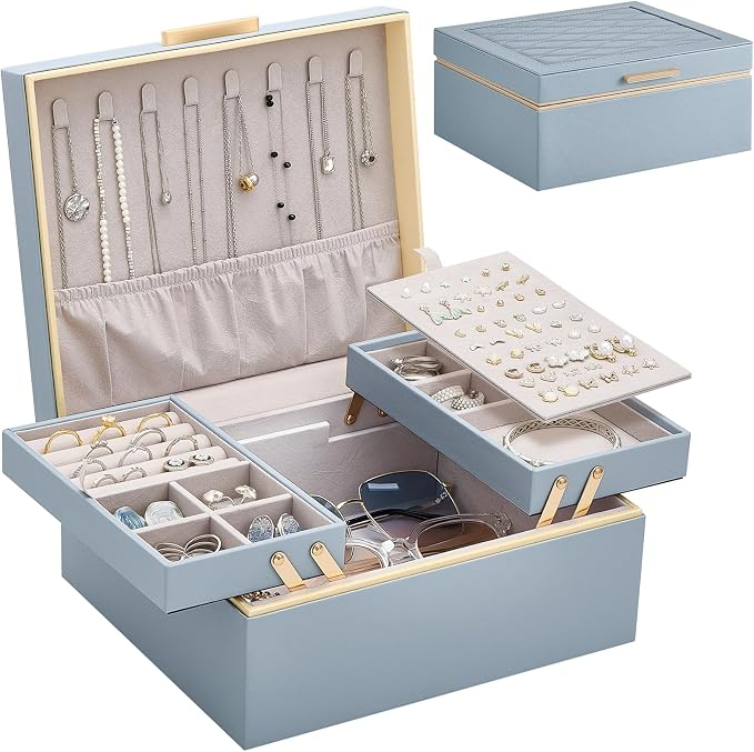 Lolalet Jewelry Box Organizer for Women Girls, 2 Layer Jewelry Organizers and Storage for Necklace Earrings Rings Bracelets, Large Jewellery Holder Case Birthday Mothers Day Gifts -HazeBlue by Lolalet