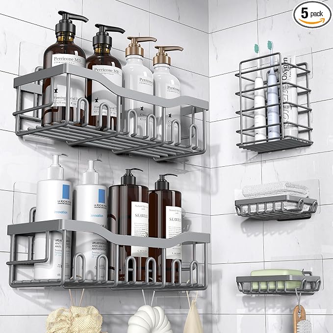 EUDELE 5-Pack Rustproof Stainless Steel Shower Caddy – No Drill Adhesive Bathroom Organizer with Large Capacity, Spacious Shower Shelves for Inside Shower, Kitchen & Home Decor Storage-XL Size by EUDELE