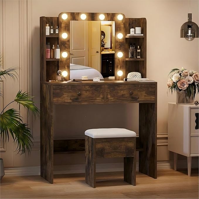 Haewon Vanity Desk with Mirror and Lights, Makeup Vanity with 10 LED Bulbs and 3 Color Modes, Dressing Table Set with Power Outlets, Storage Drawers and Chair for Bedroom, Vintage Brown