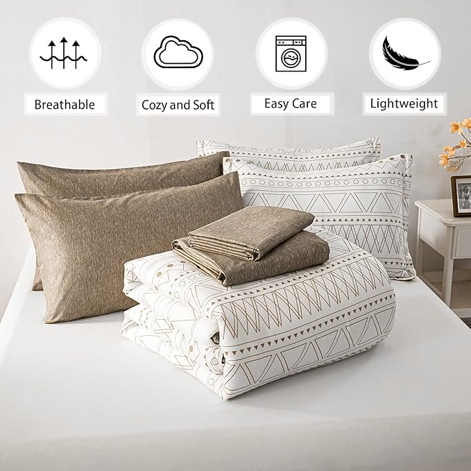 WONGS BEDDING 7 Pieces Khaki Comforter Set Boho Bed in a Bag King Size,Geometric Striped Comforter Reversible Soft Microfiber Bedding Set with Pillowcases,Flat Sheet,Fitted Sheet,Pillow Shams