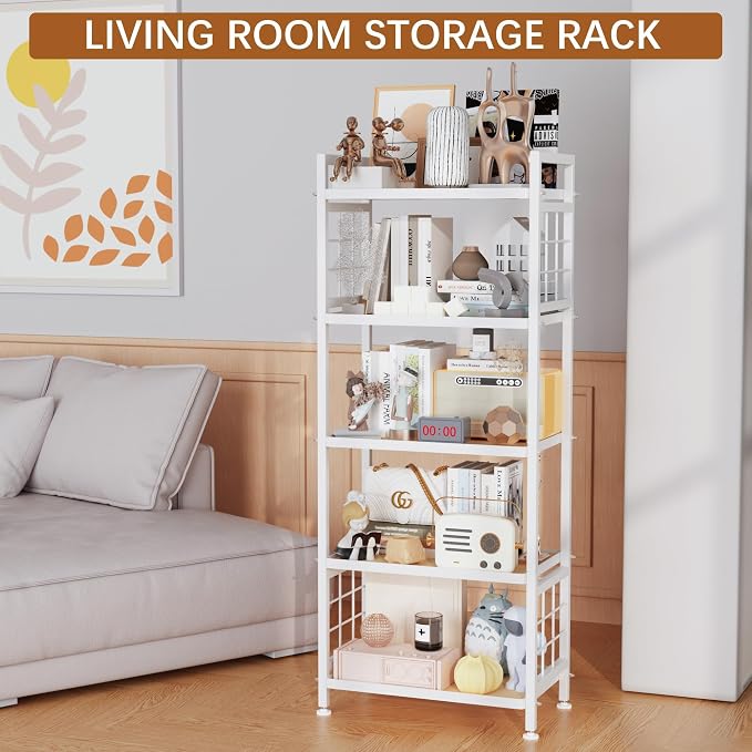 GIOTORENT 5-Tier Pantry Shelves with Wooden Boards, Heavy Duty Storage Shelves & Book Shelf, Adjustable Metal Shelving Unit for Kitchen Bathroom Laundry Organizer, Sturdy Rust-Resistant, White - Image 5