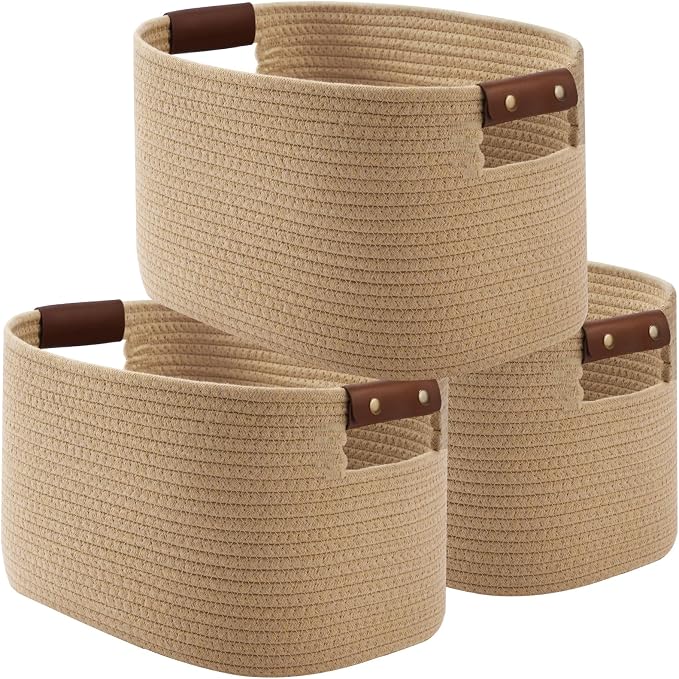 ECDYQXVU Cotton Rope Basket, Storage Baskets with Handle, 15x10x9 Inch Woven Basket for Shelves, Laundry, Towels, Clothes, Books (Jute/Brown 3Pack) by ECDYQXVU